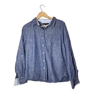 Tommy Hilfiger Womens Chambray Shirt Button up  Large Blue 100% Cotton Roll Tab